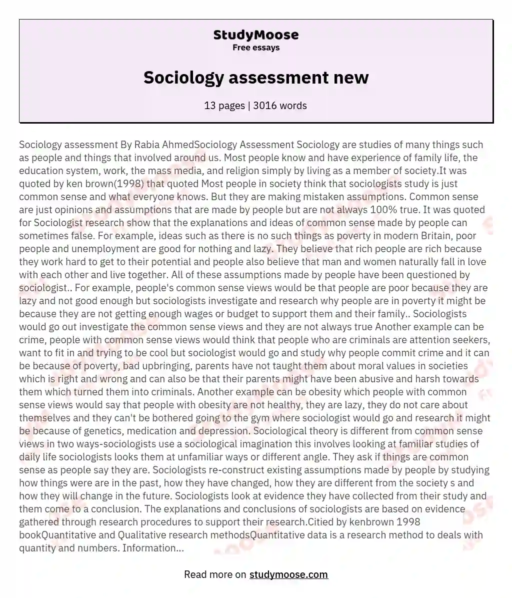 Sociology assessment new essay