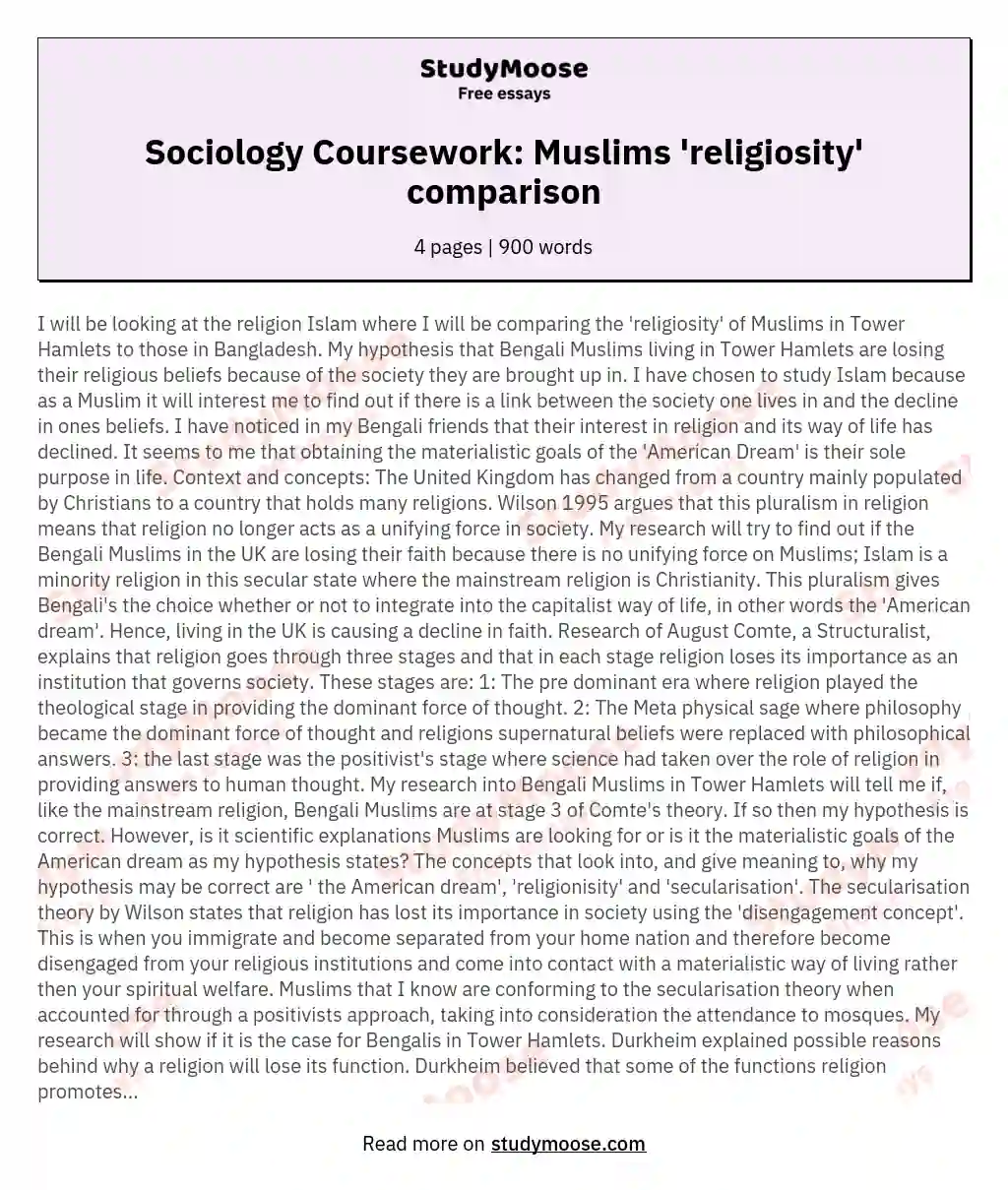 Sociology Coursework: Muslims 'religiosity' comparison essay