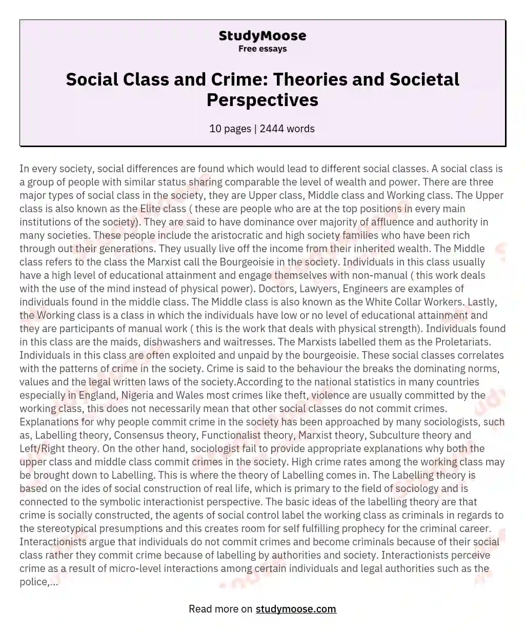 Social Class and Crime: Theories and Societal Perspectives essay
