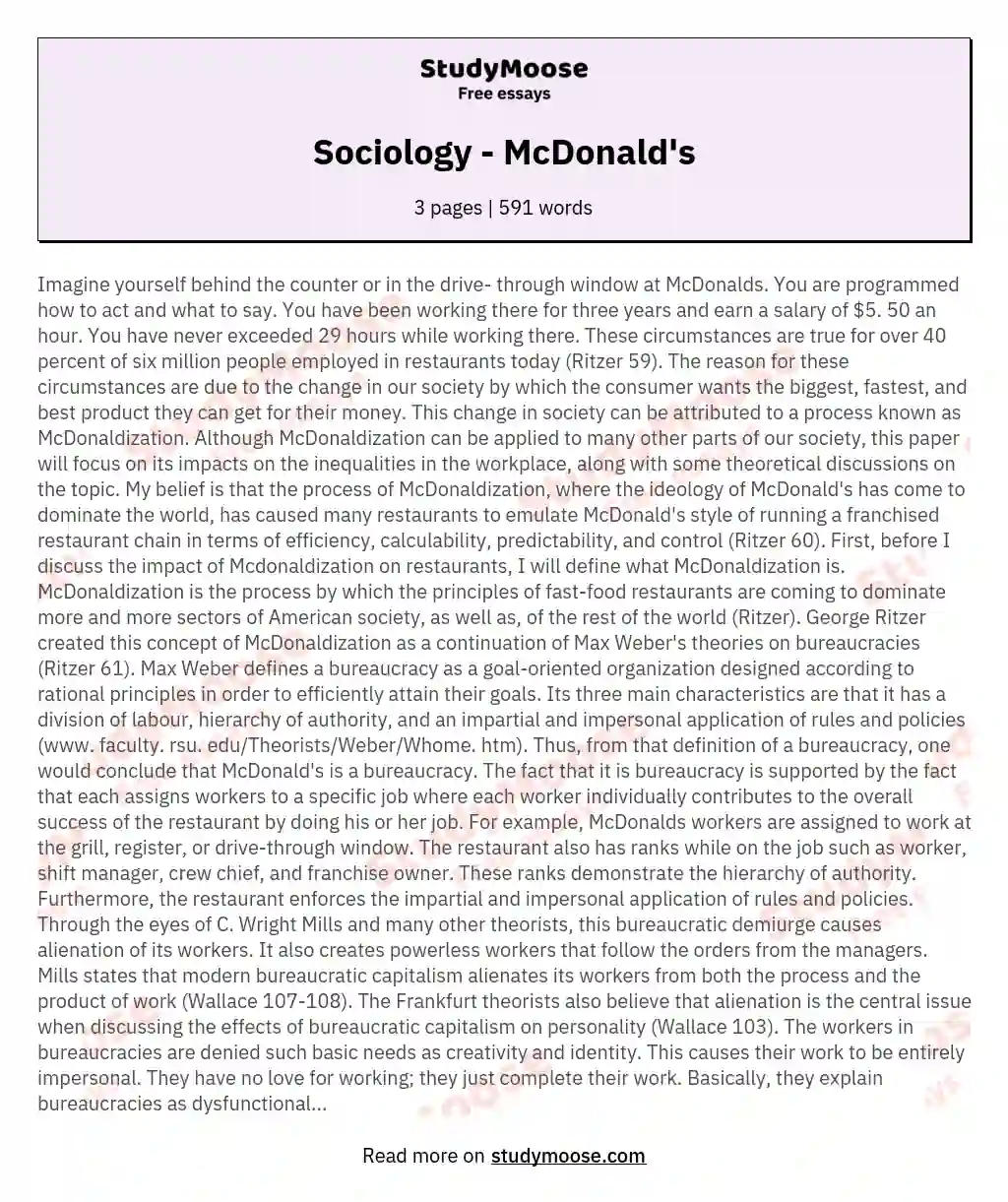 The Dehumanizing Effects of McDonaldization on Restaurant Workers essay