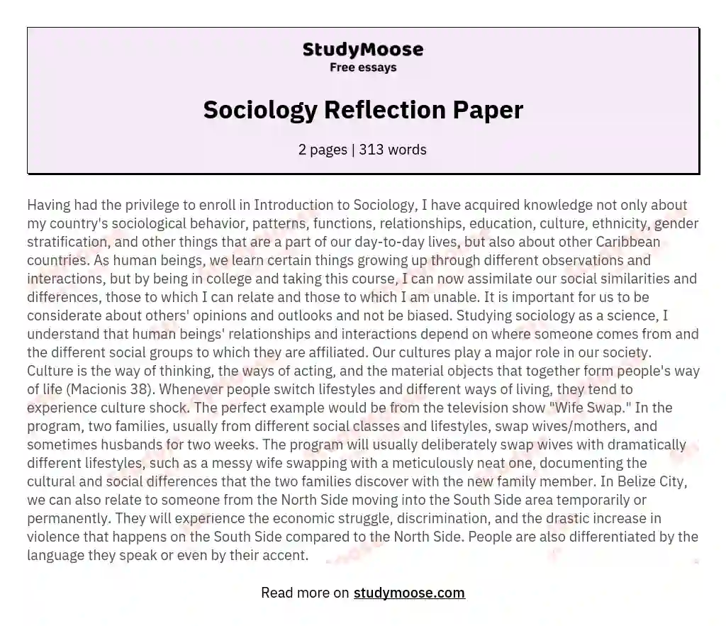 Sociology Reflection Paper essay