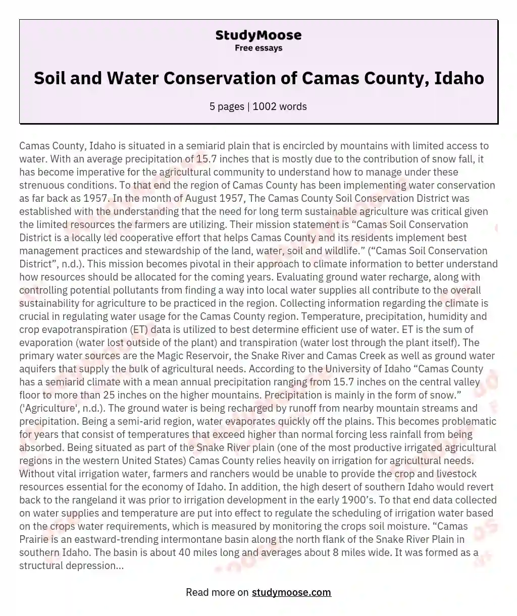 Soil and Water Conservation of Camas County, Idaho essay