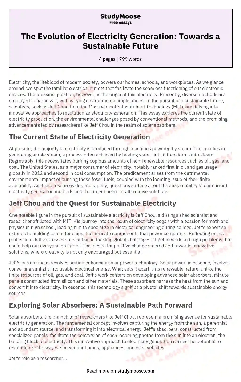 The Evolution of Electricity Generation: Towards a Sustainable Future essay