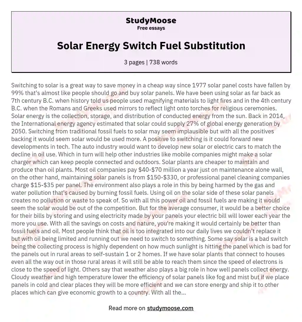 Solar Energy Switch Fuel Substitution essay