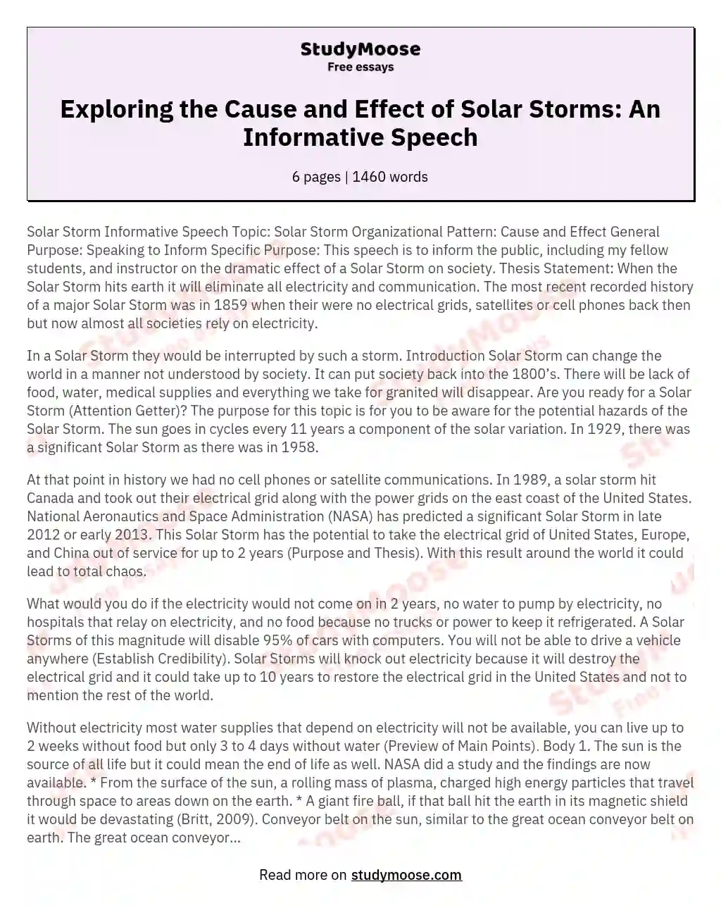 Exploring the Cause and Effect of Solar Storms: An Informative Speech essay