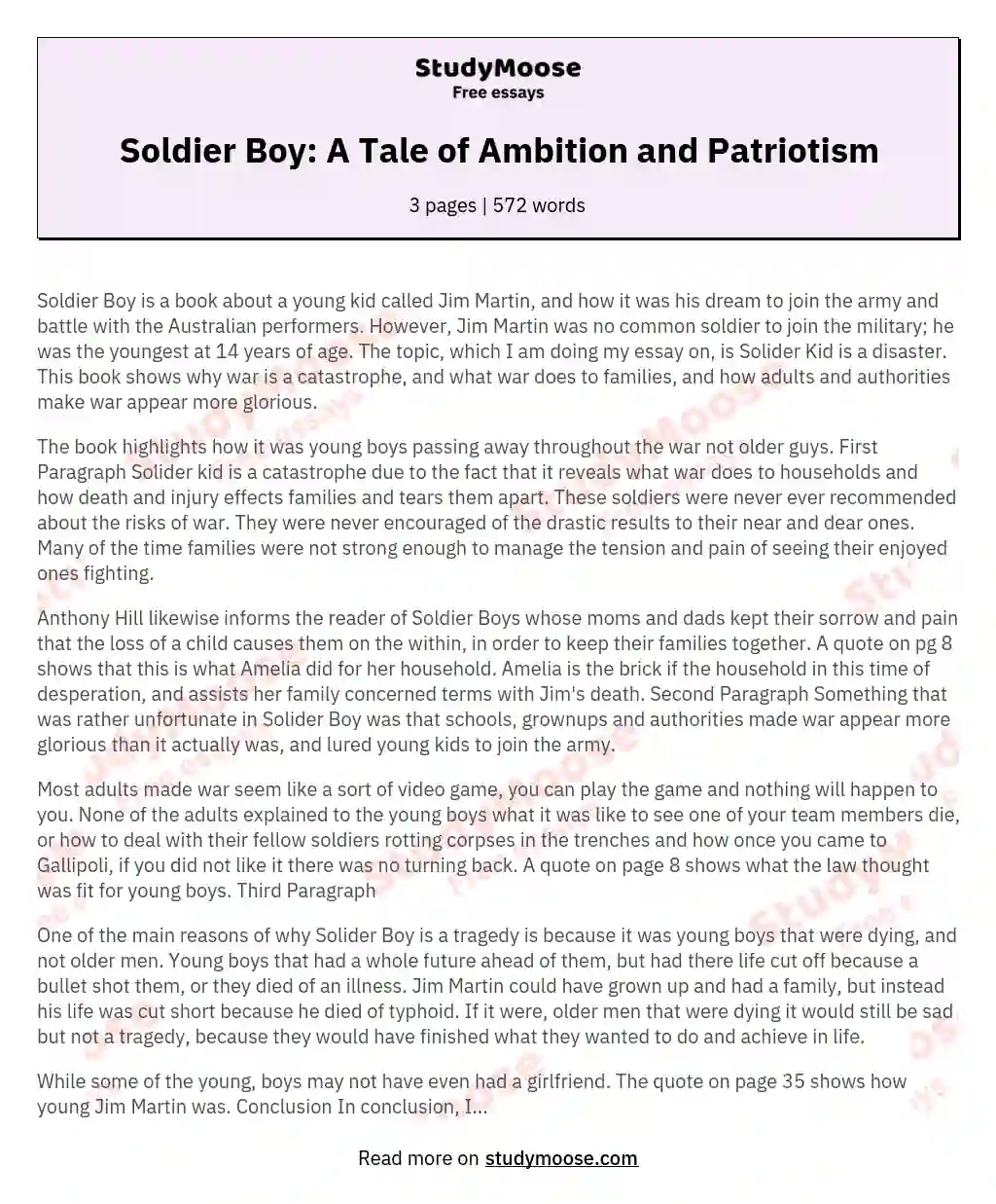 Soldier Boy: A Tale of Ambition and Patriotism essay