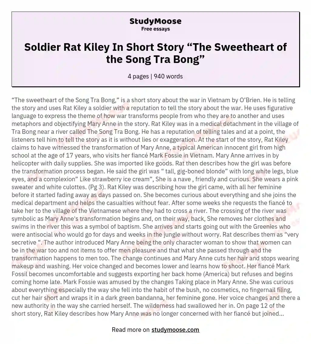 Soldier Rat Kiley In Short Story “The Sweetheart of the Song Tra Bong” essay
