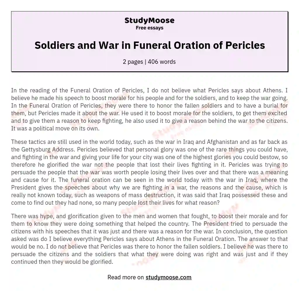 Soldiers and War in Funeral Oration of Pericles