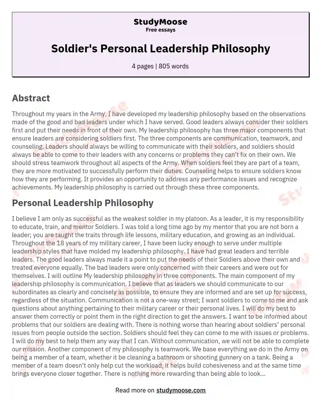 Soldier's Personal Leadership Philosophy essay