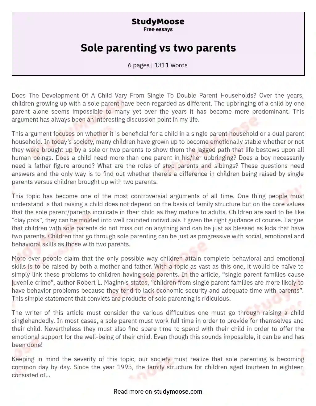 Sole parenting vs two parents essay