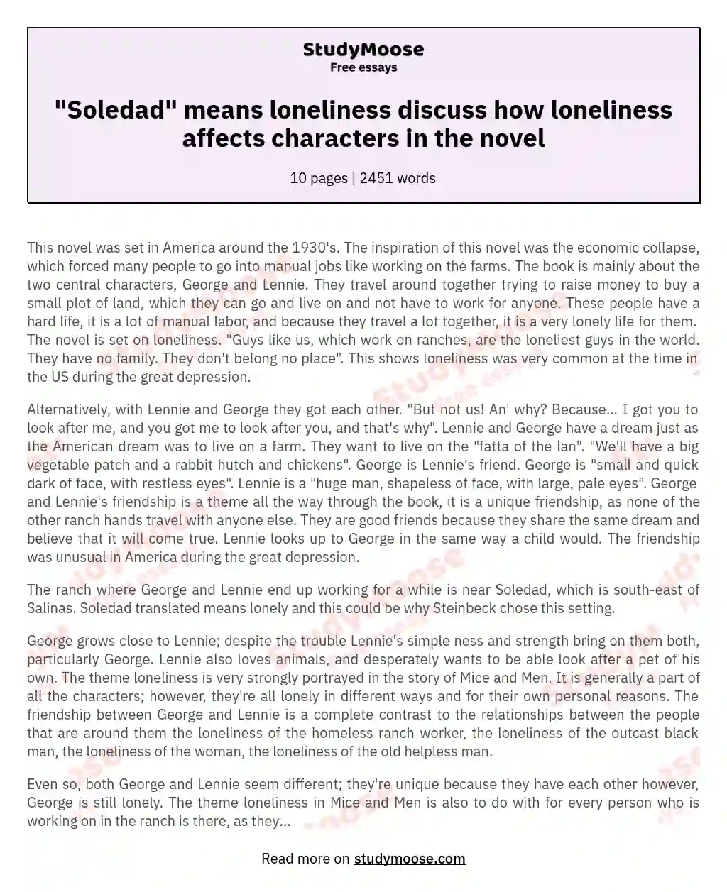 "Soledad" means loneliness discuss how loneliness affects characters in the novel