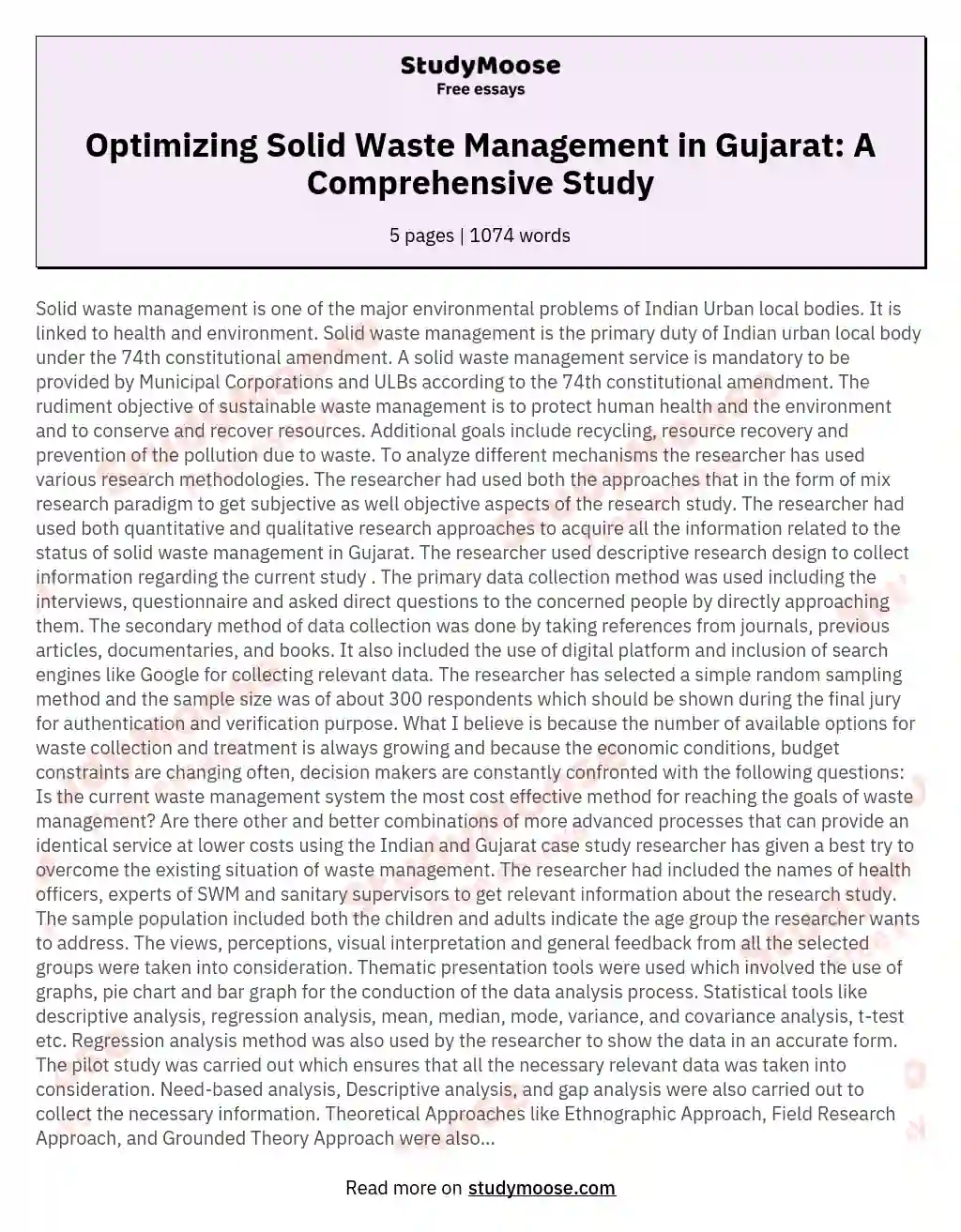 Optimizing Solid Waste Management in Gujarat: A Comprehensive Study essay