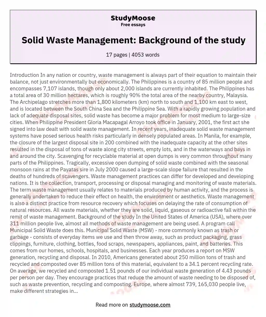 Solid Waste Management: Background of the study essay