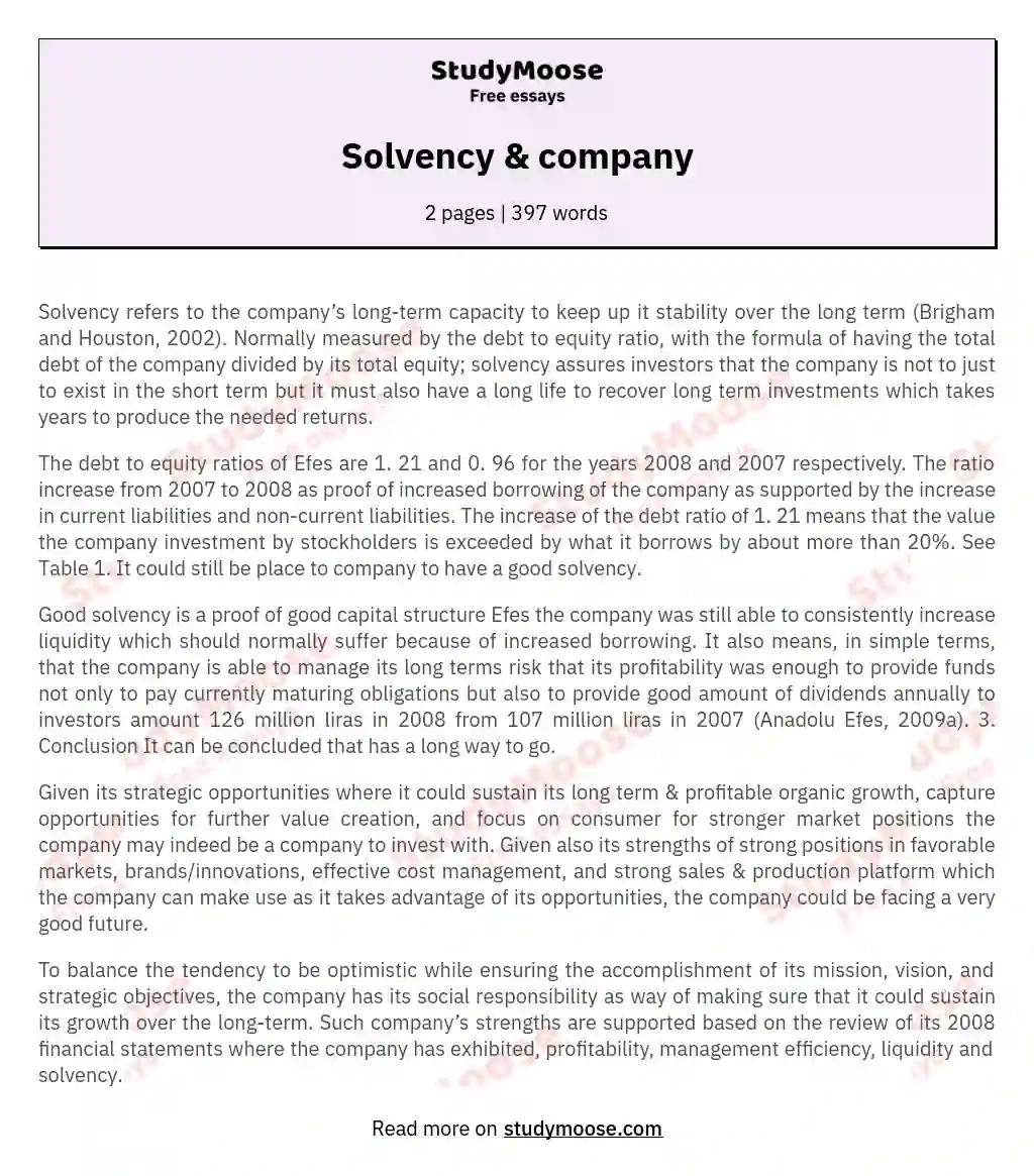 Solvency & company Free Essay Example