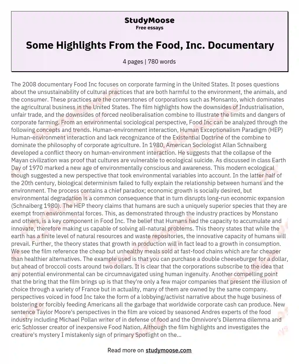 Some Highlights From the Food, Inc. Documentary essay