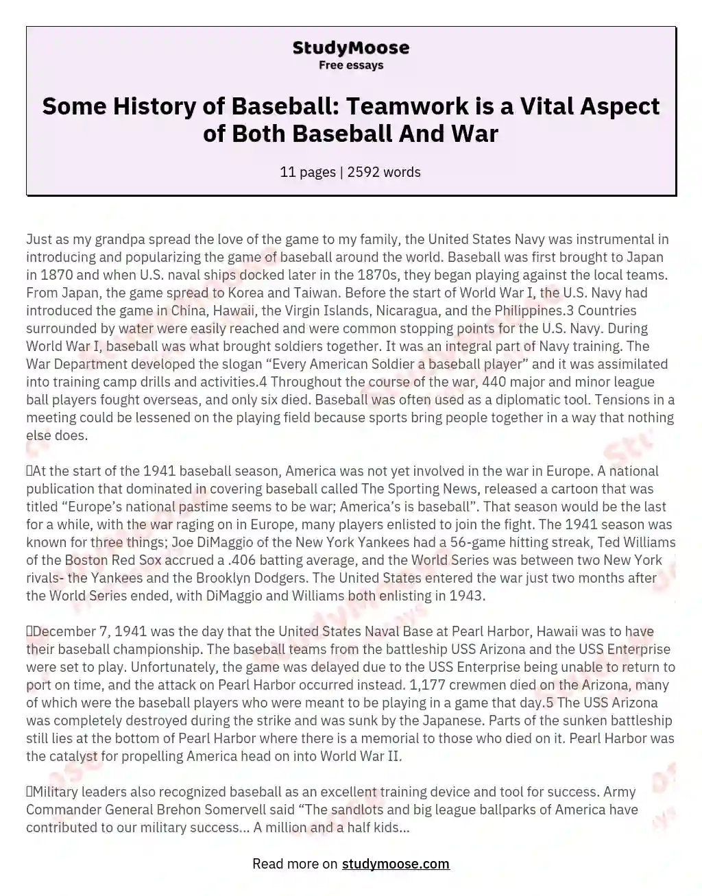 Some History of Baseball: Teamwork is a Vital Aspect of Both Baseball And War essay