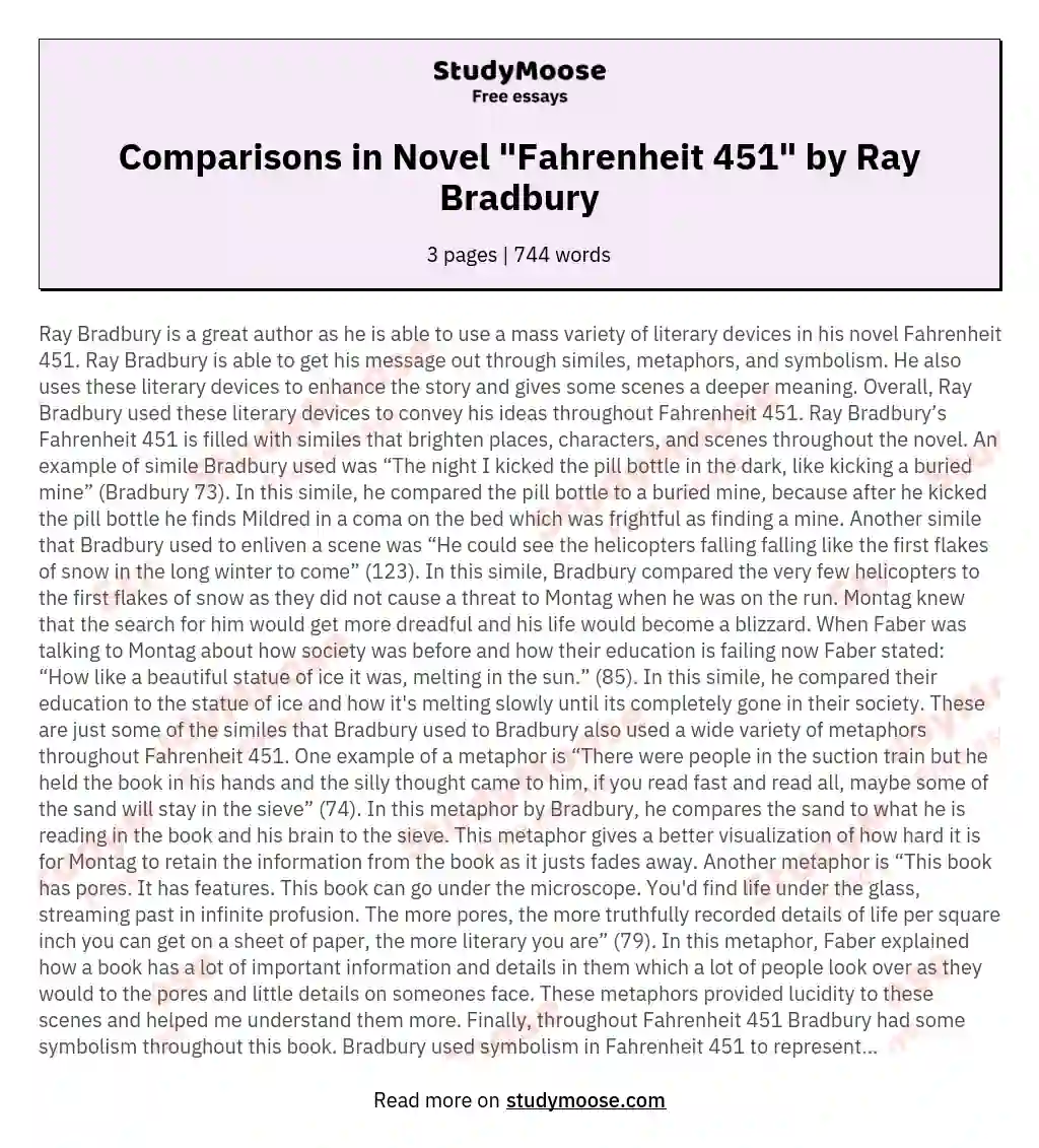 Сomparisons in Novel "Fahrenheit 451" by Ray Bradbury essay