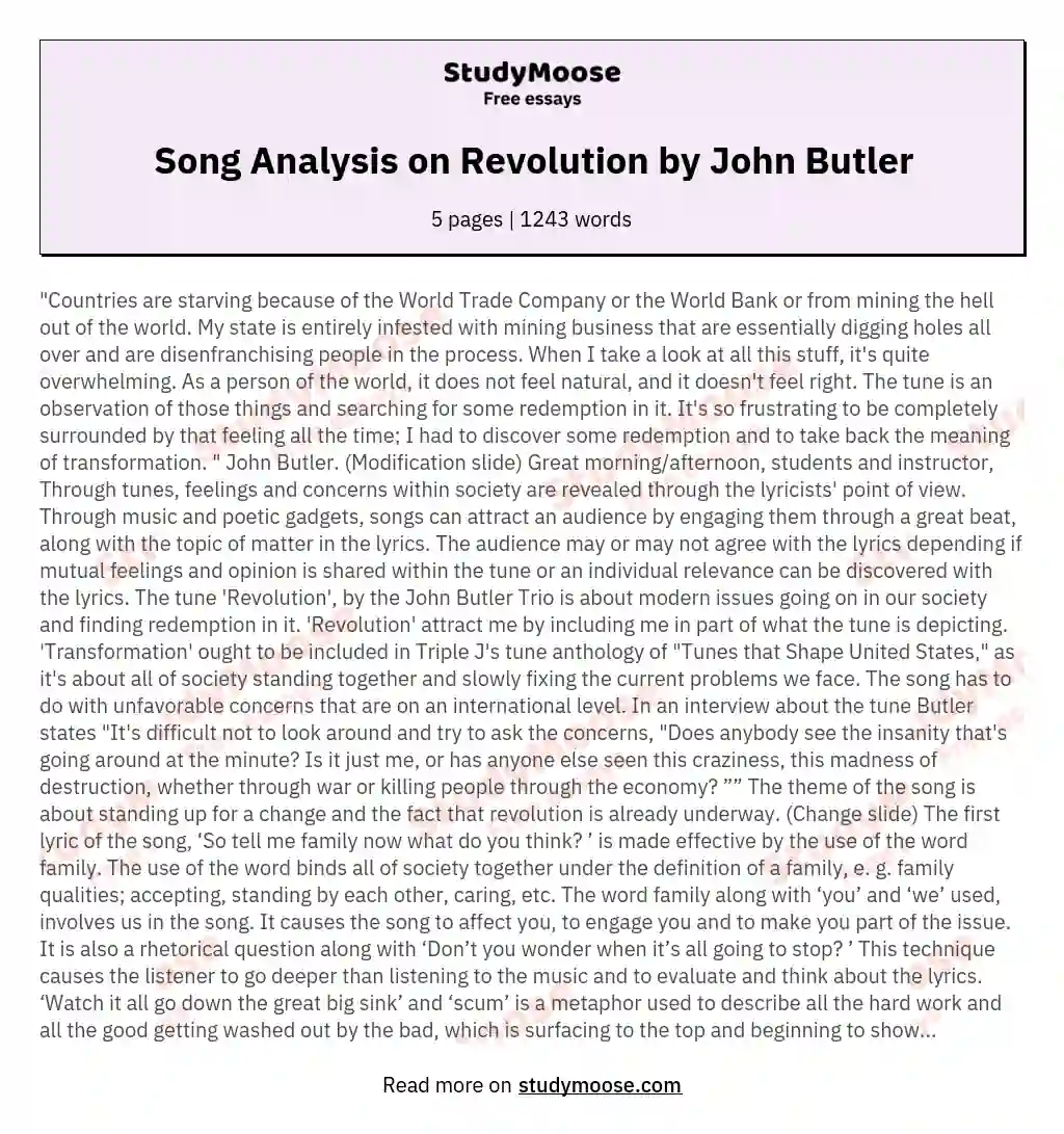 Song Analysis on Revolution by John Butler essay
