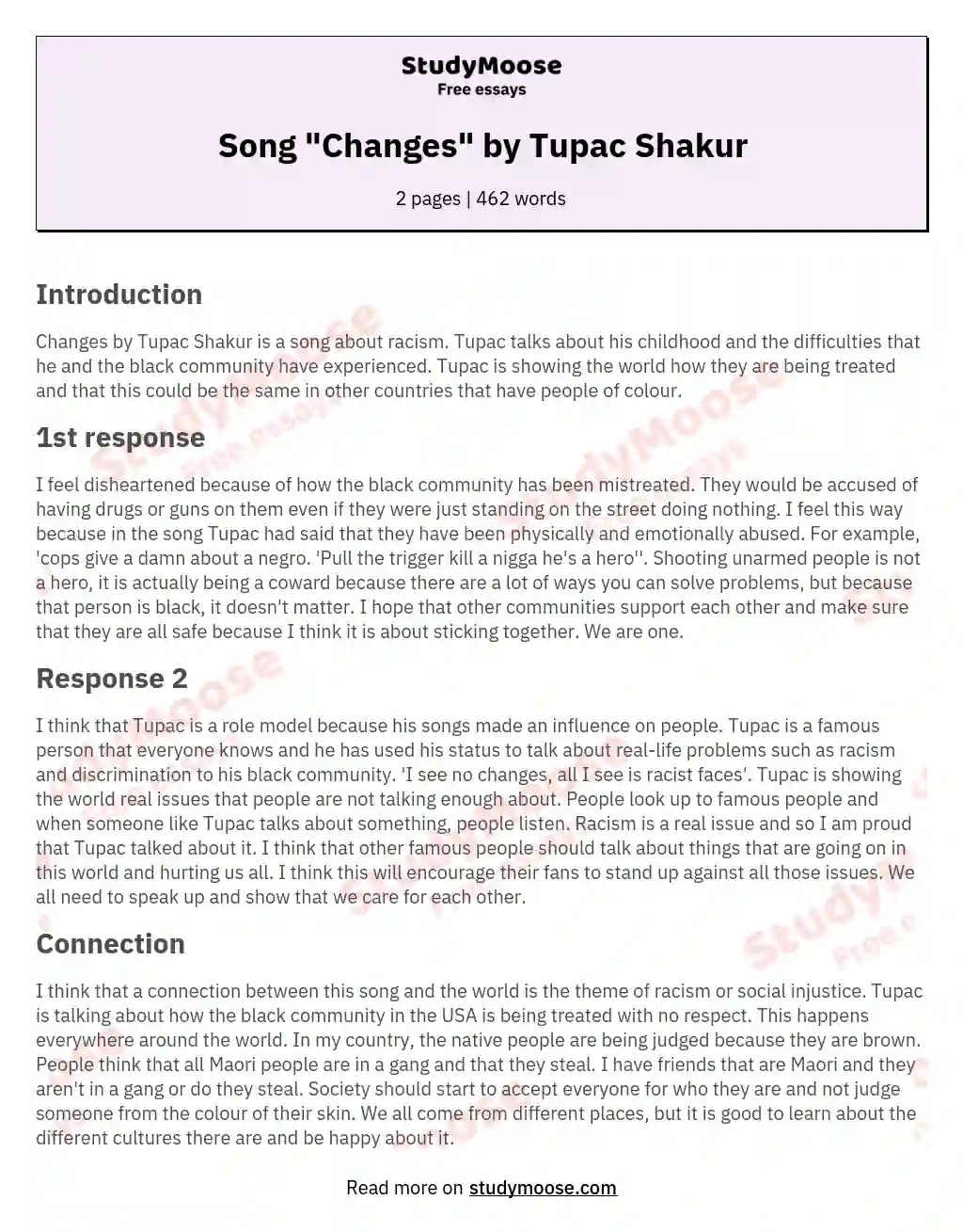 Song "Changes" by Tupac Shakur essay