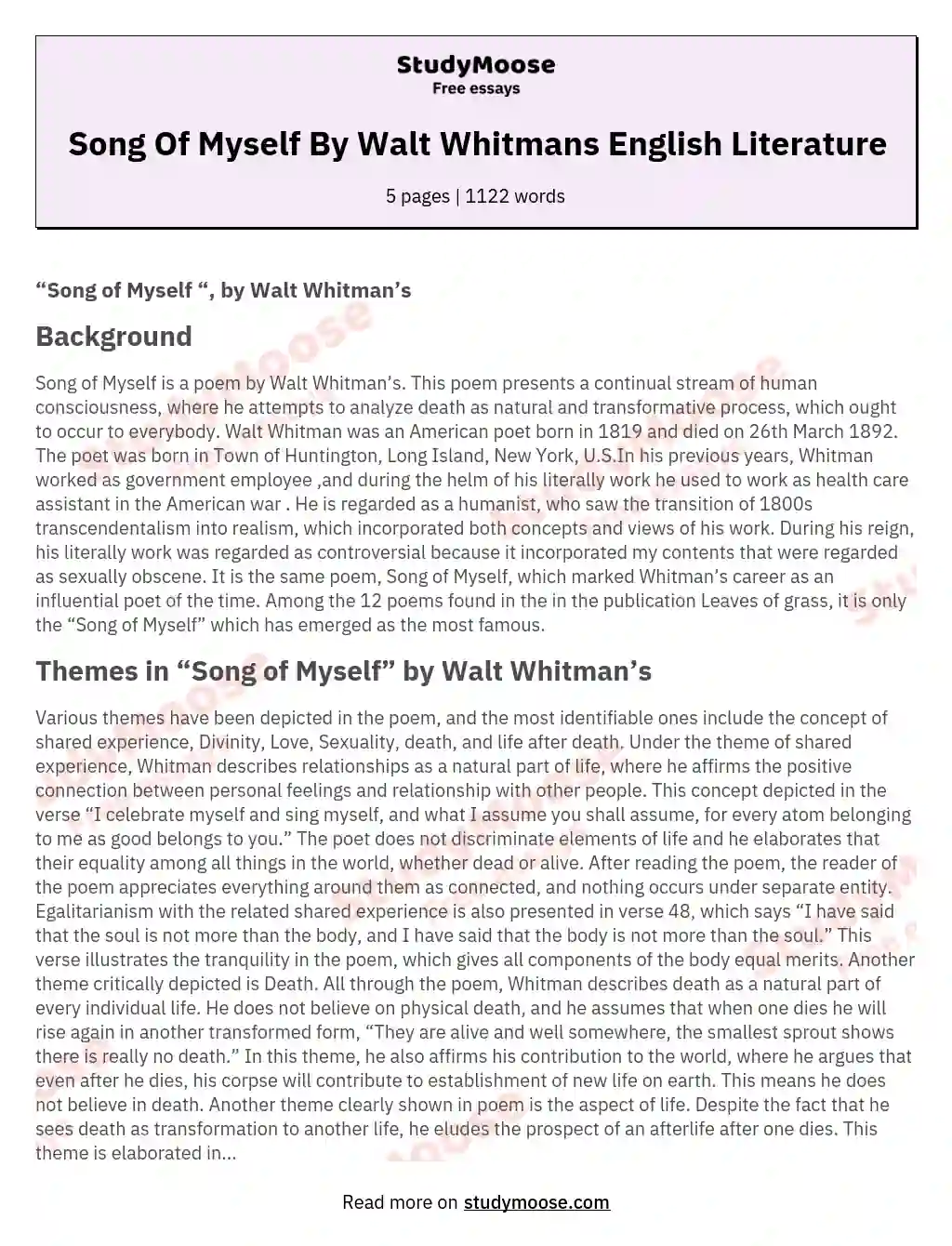 Song Of Myself By Walt Whitmans English Literature