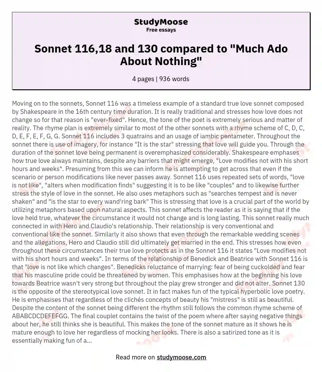 Sonnet 116,18 and 130 compared to "Much Ado About Nothing"