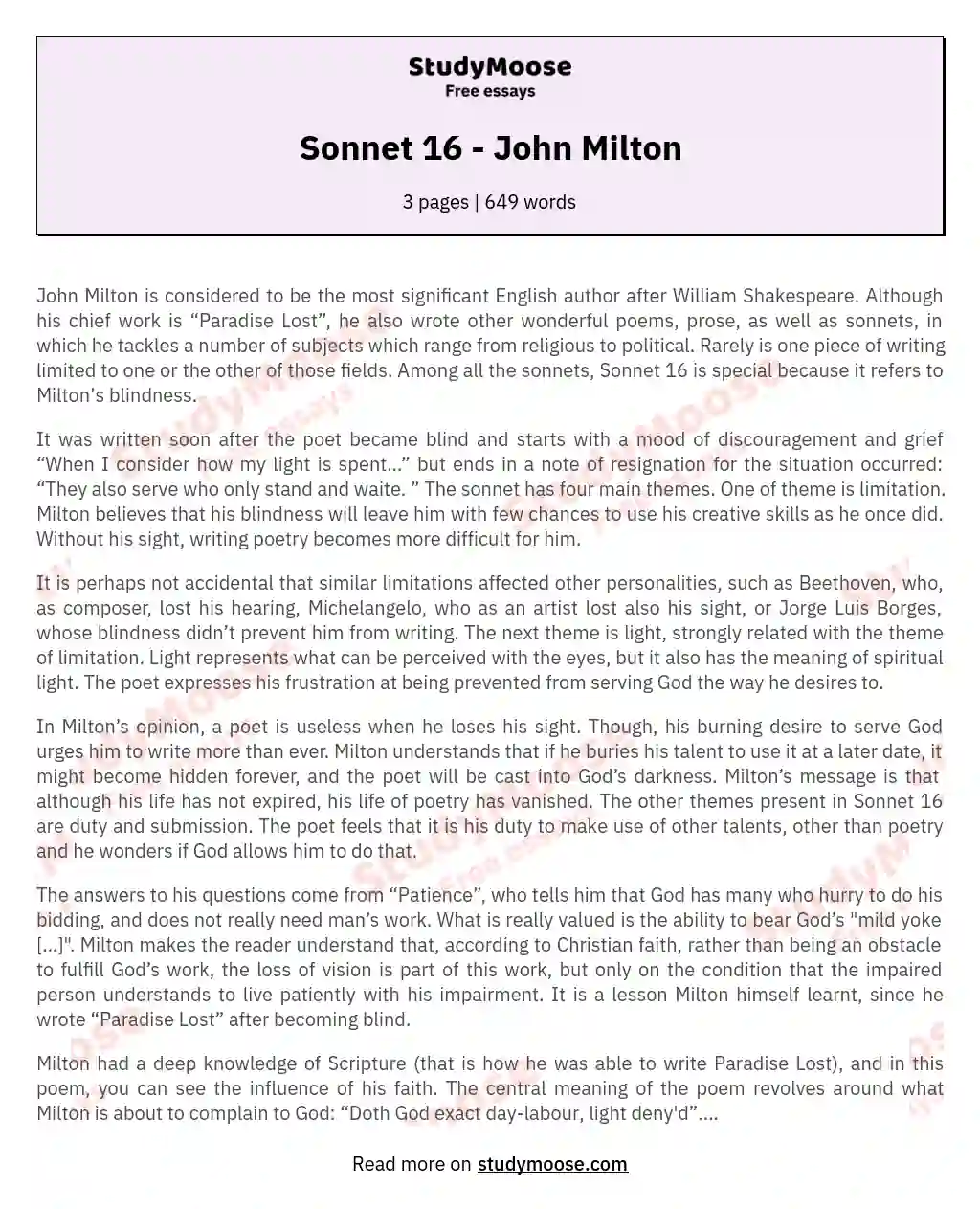 Sonnet 16 - John Milton
