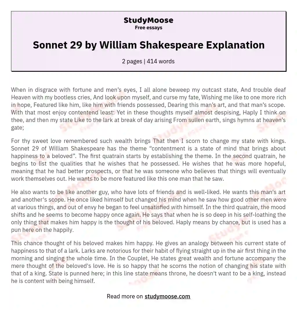 Sonnet 29 by William Shakespeare Explanation essay