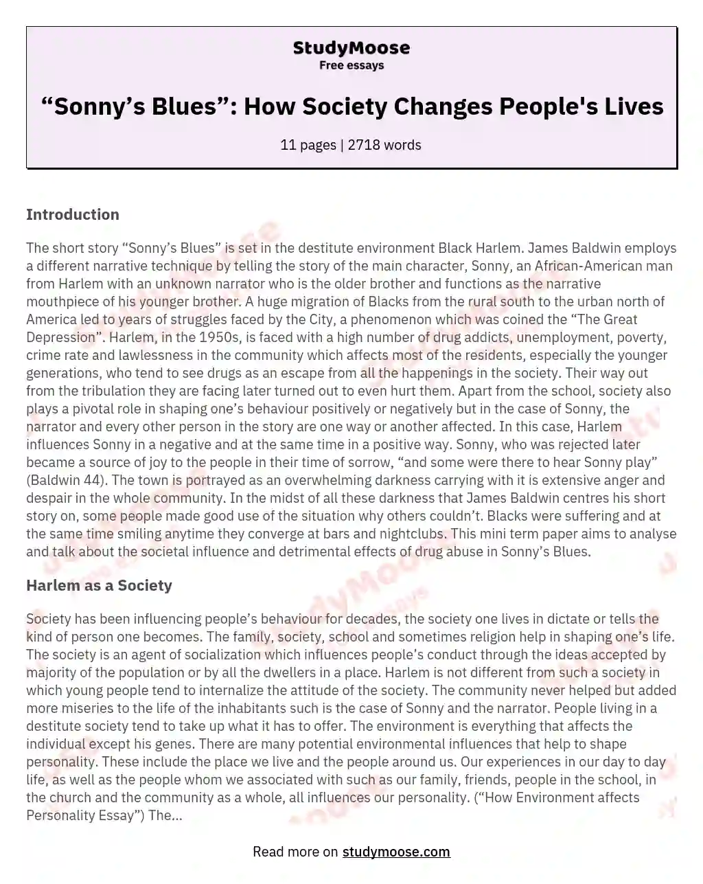 “Sonny’s Blues”: How Society Changes People's Lives essay