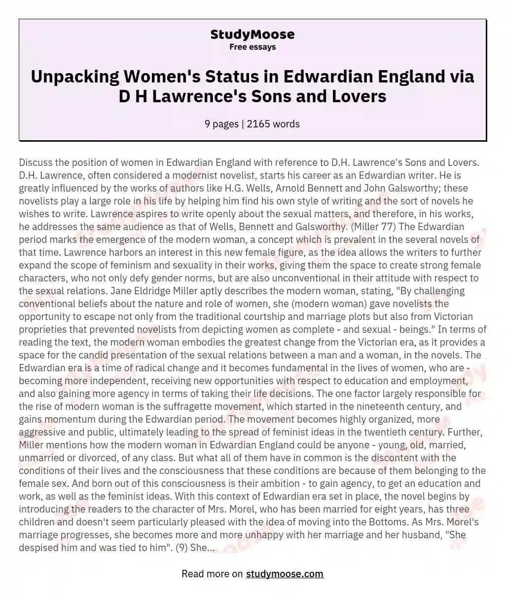 Unpacking Women's Status in Edwardian England via D H Lawrence's Sons and Lovers essay