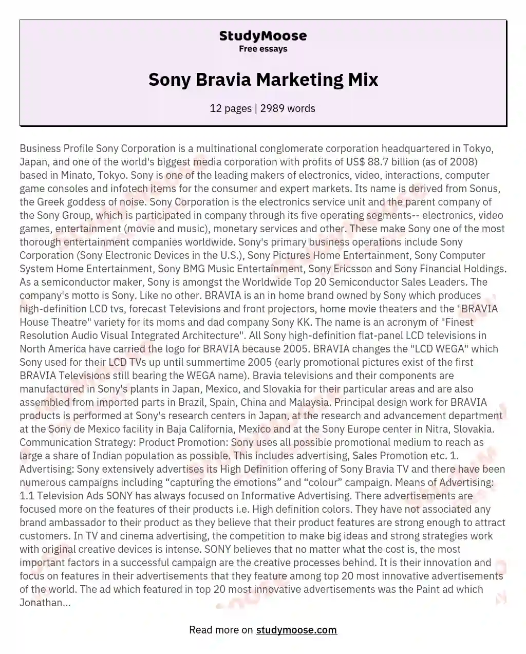 Sony Bravia Marketing Mix essay