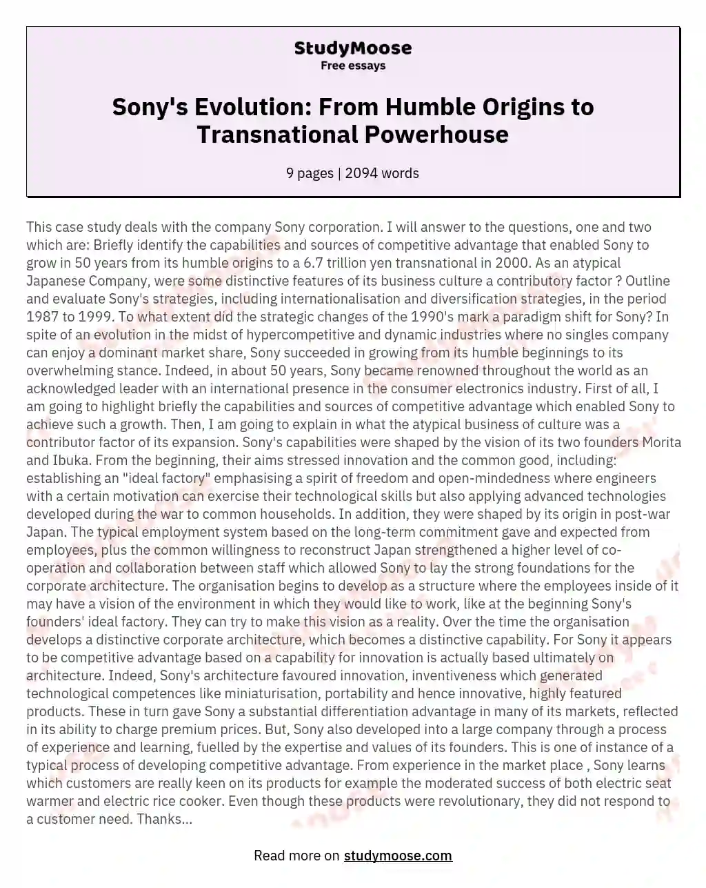 Sony's Evolution: From Humble Origins to Transnational Powerhouse essay