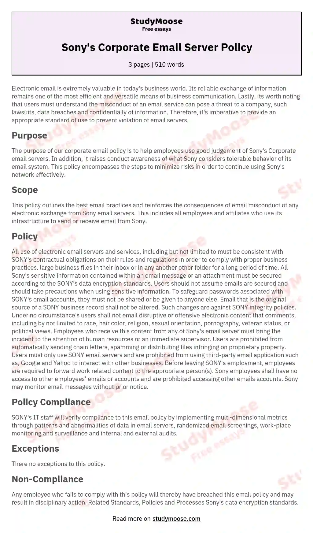 Sony's Corporate Email Server Policy essay