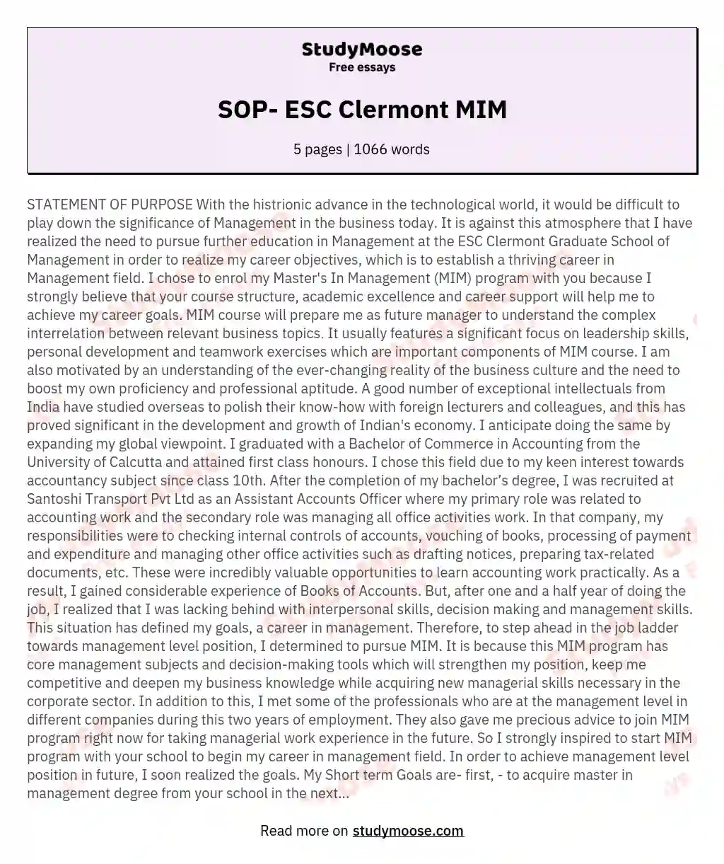 SOP- ESC Clermont MIM essay