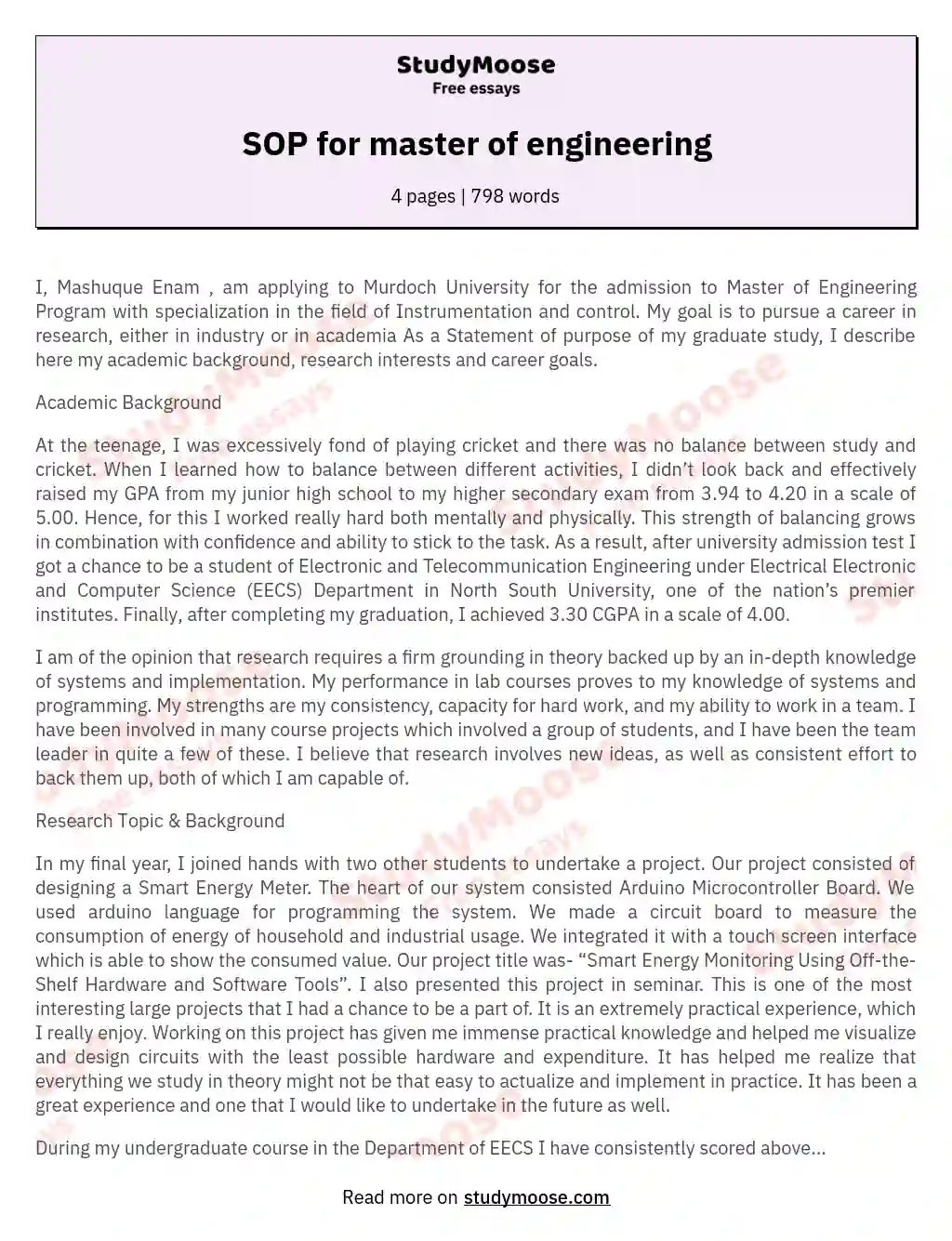 SOP for master of engineering essay