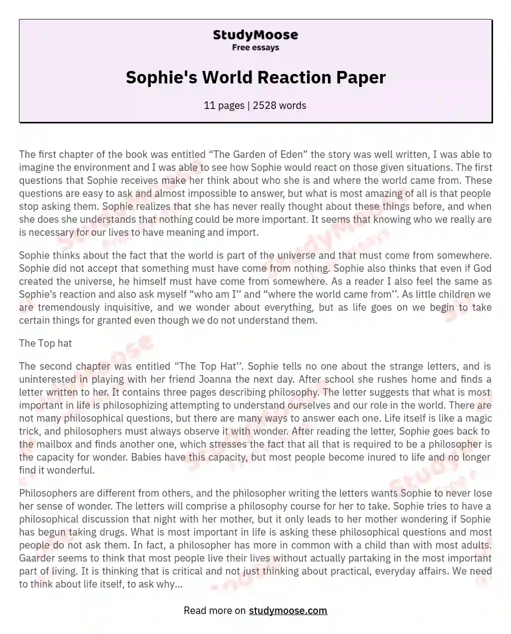 Sophie's World Reaction Paper essay