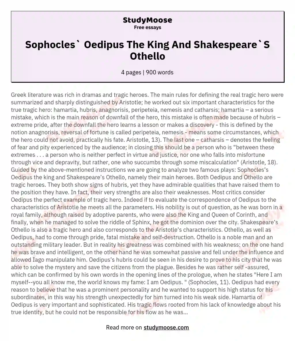 Sophocles` Oedipus The King And Shakespeare`S Othello