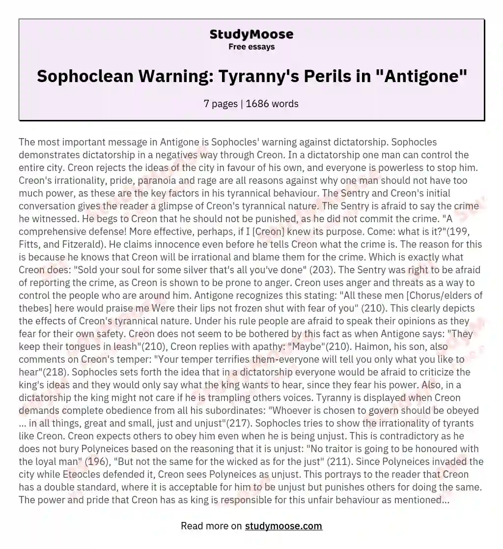 Sophoclean Warning: Tyranny's Perils in "Antigone" essay