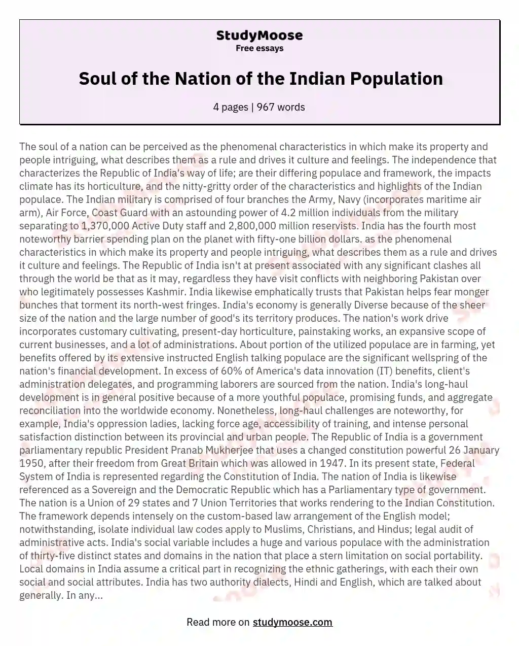 Soul of the Nation of the Indian Population essay