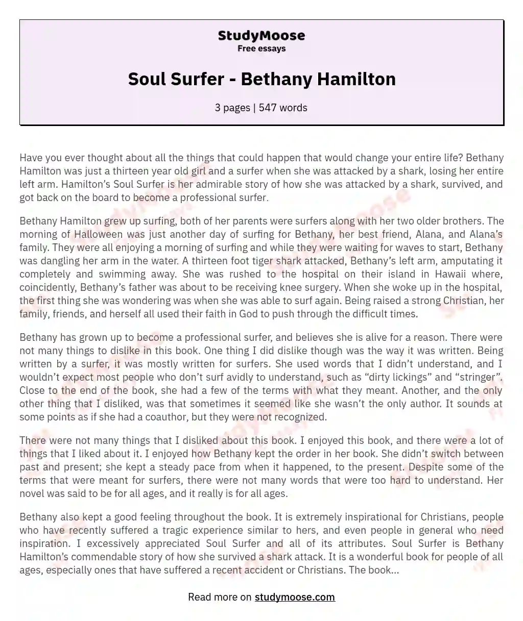 Soul Surfer - Bethany Hamilton essay