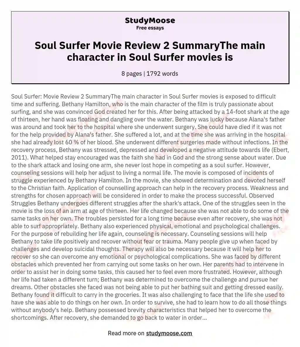 Soul Surfer Movie Review 2 SummaryThe main character in Soul Surfer movies is