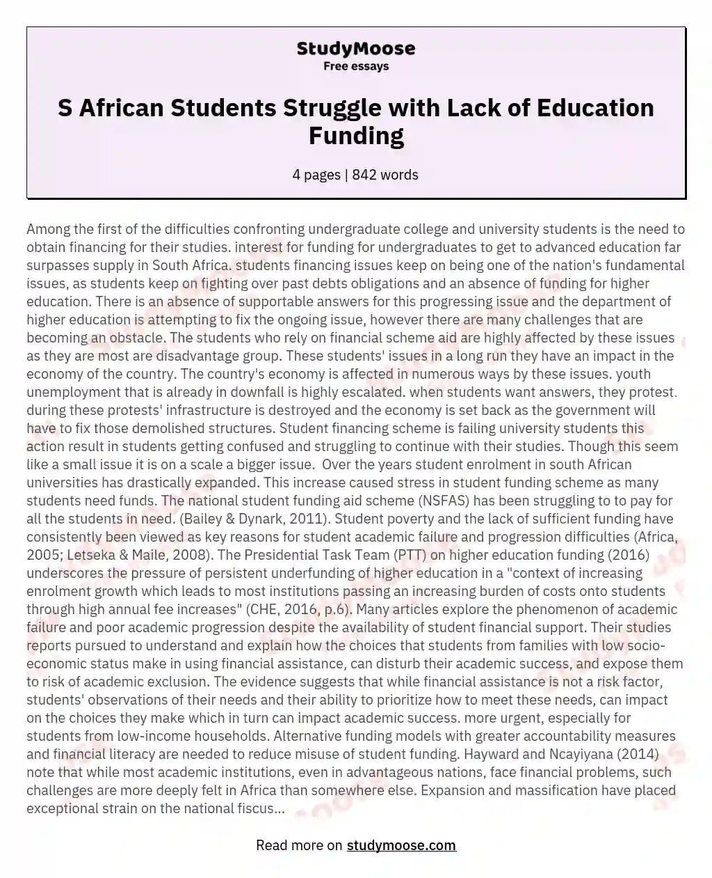 S African Students Struggle with Lack of Education Funding essay
