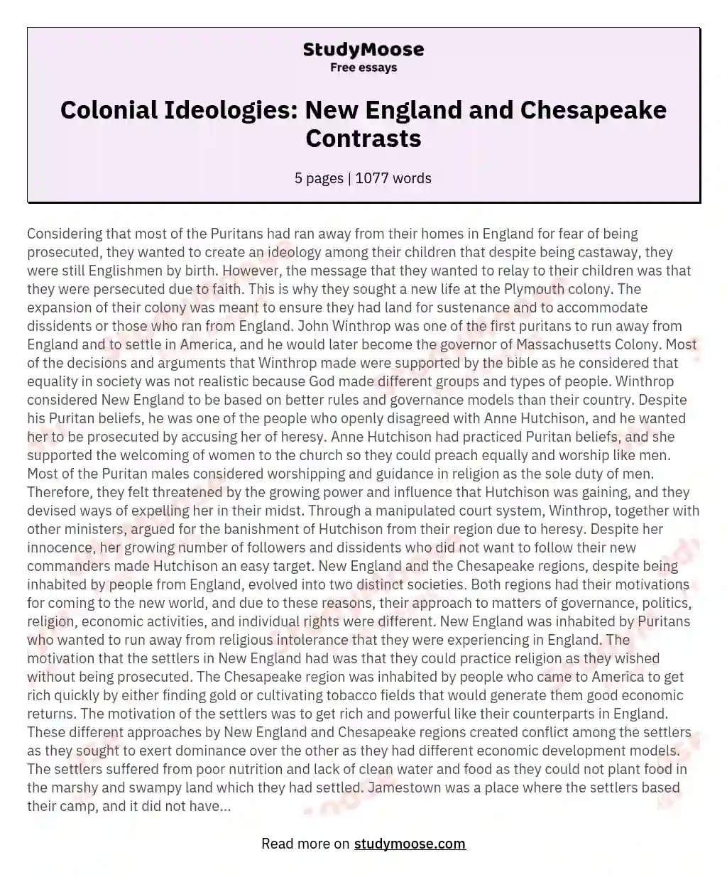 Colonial Ideologies: New England and Chesapeake Contrasts essay
