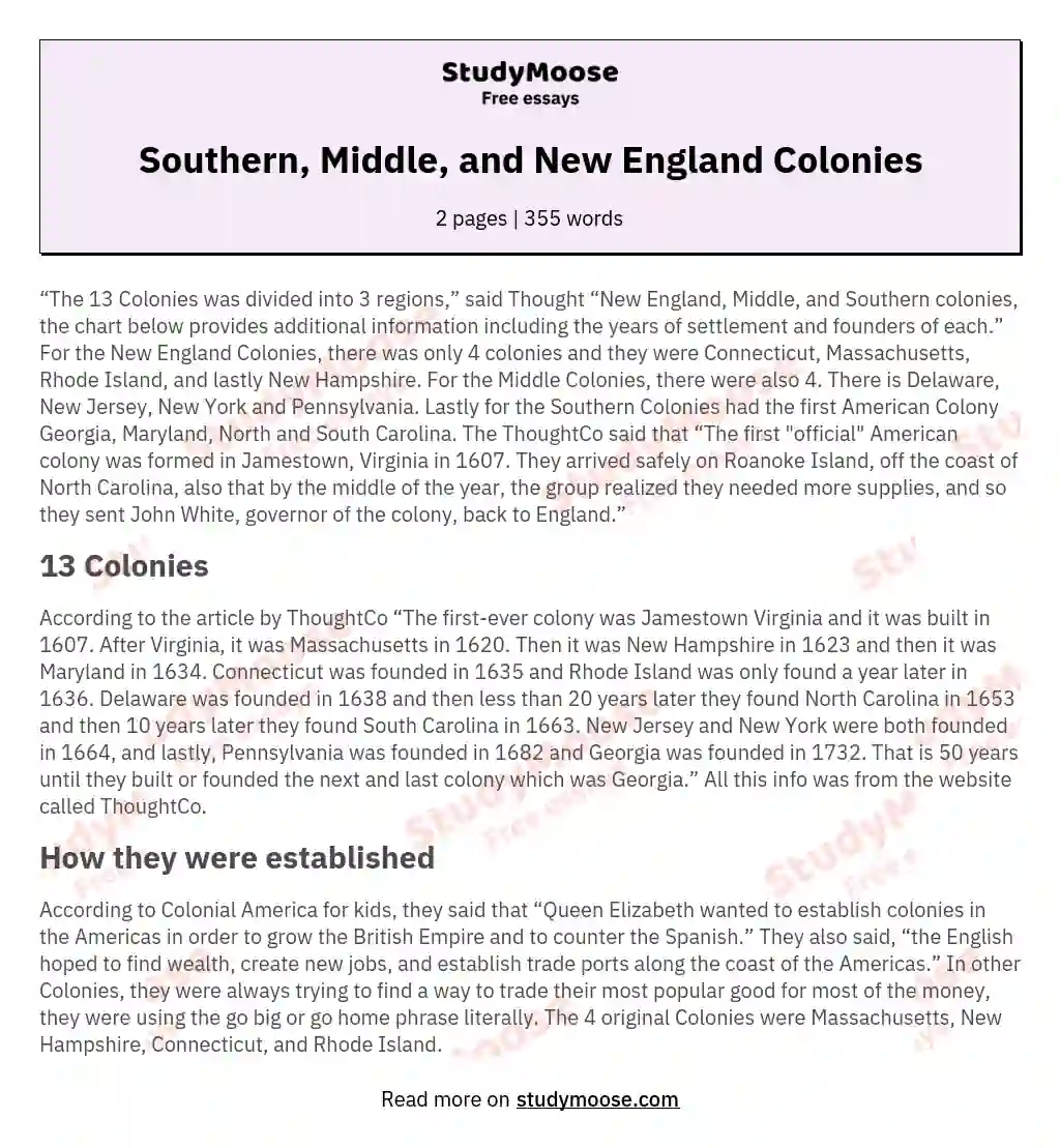 Southern, Middle, and New England Colonies essay