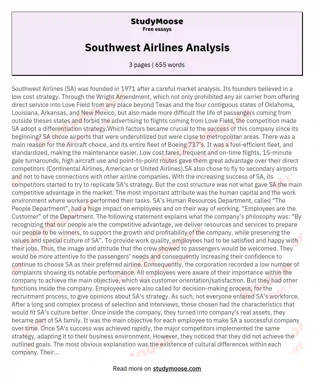 Southwest Airlines Analysis essay
