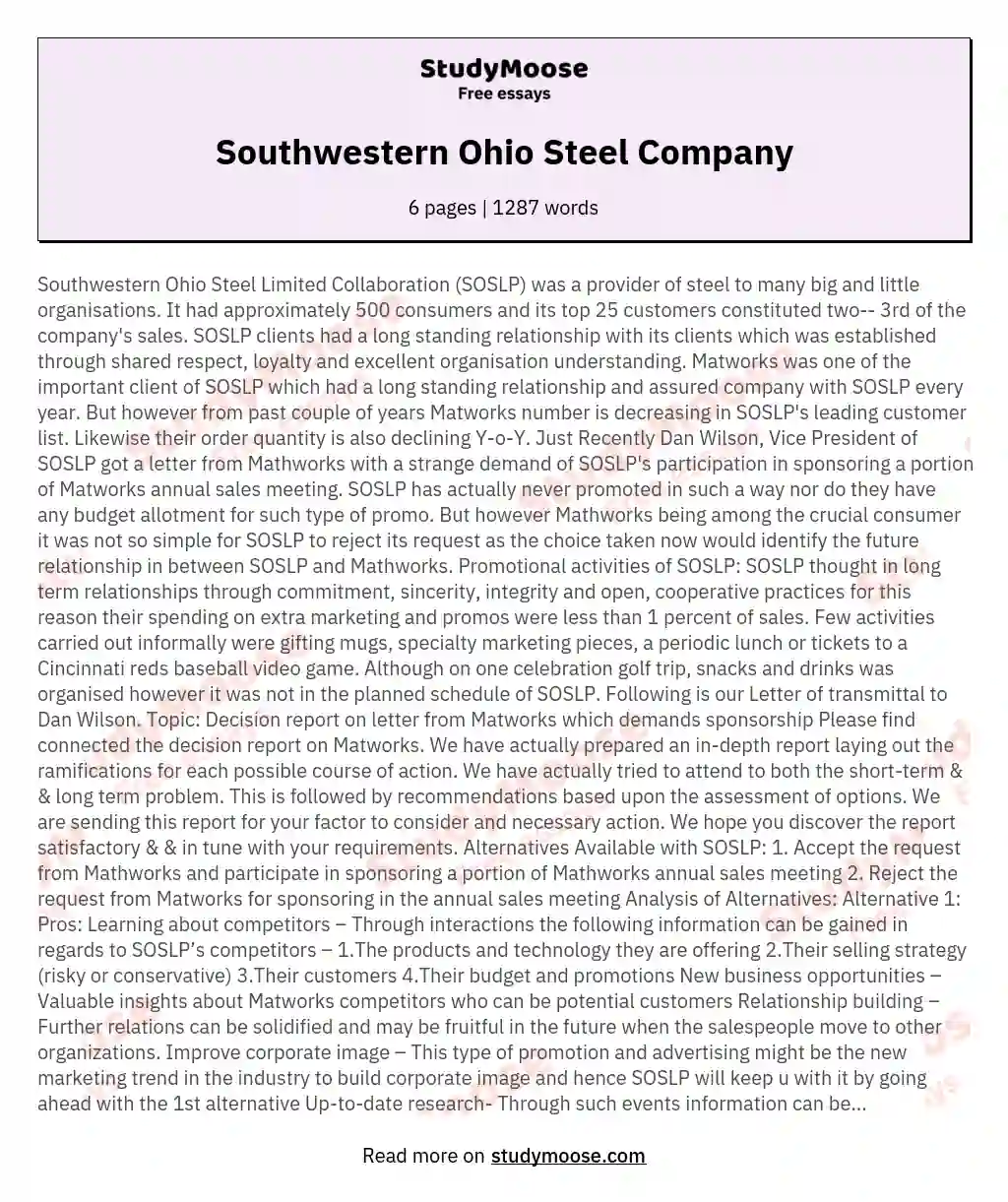 Southwestern Ohio Steel Company essay