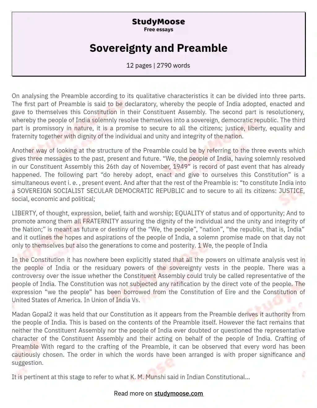 Sovereignty and Preamble essay