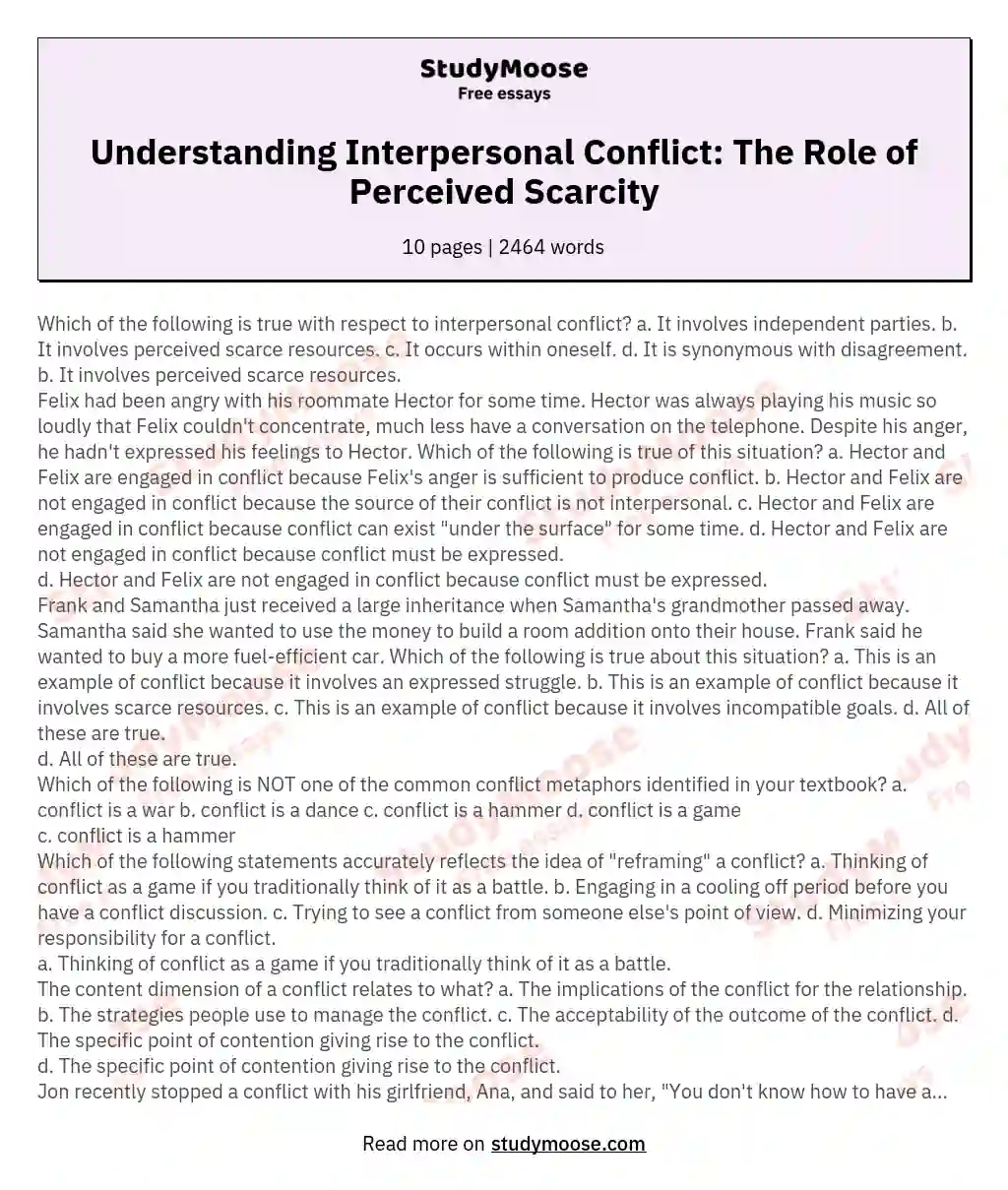 Understanding Interpersonal Conflict: The Role of Perceived Scarcity essay