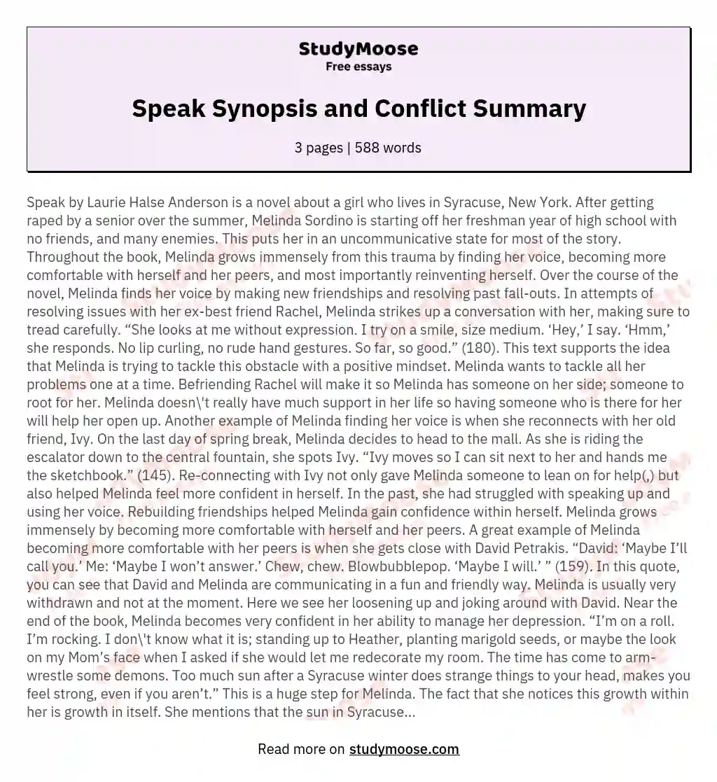 Speak Synopsis and Conflict Summary essay