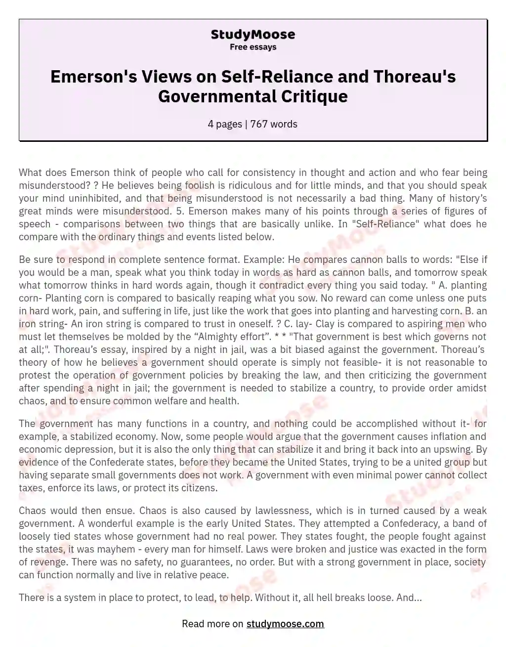 Emerson's Views on Self-Reliance and Thoreau's Governmental Critique essay