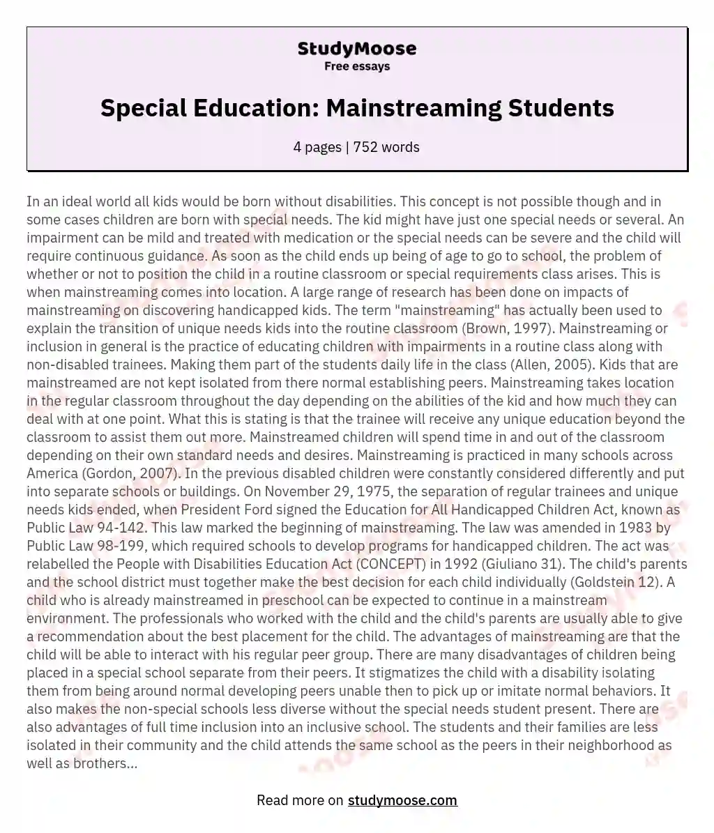 Special Education: Mainstreaming Students essay